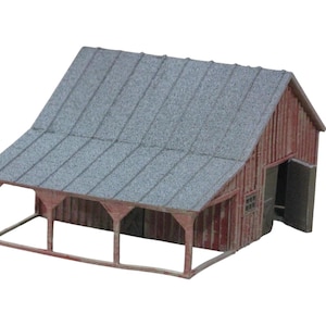 May include: A red wooden barn with a gray shingled roof and a covered porch. The barn has a single door and a window on the side.