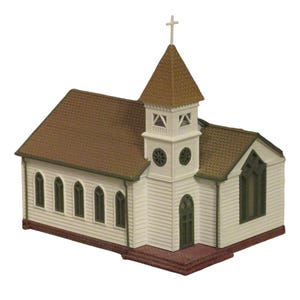 May include: A white church model with a brown roof and a steeple. The church has a cross on top of the steeple and several windows. The model is made of plastic and is about 6 inches tall.