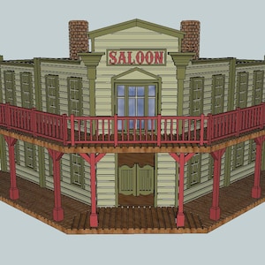 Pode incluir: Modelo 3D detalhado de um saloon do oeste. O edif&iacute;cio apresenta um design de dois andares com uma varanda vermelha e vigas de suporte. A palavra "SALOON" &eacute; exibida acima da entrada. O exterior &eacute; pintado em tons de verde e bege, com detalhes em madeira castanha.