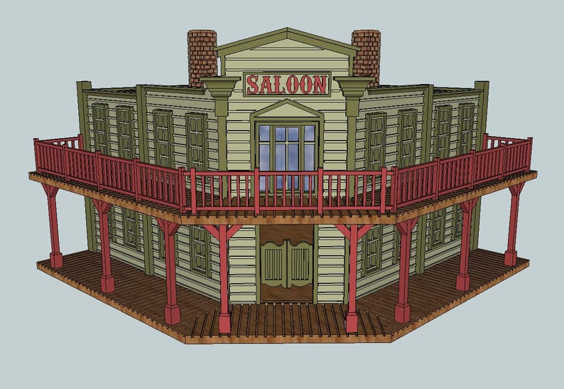 Pode incluir: Modelo 3D detalhado de um saloon do oeste. O edif&iacute;cio apresenta um design de dois andares com uma varanda vermelha e vigas de suporte. A palavra "SALOON" &eacute; exibida acima da entrada. O exterior &eacute; pintado em tons de verde e bege, com detalhes em madeira castanha.