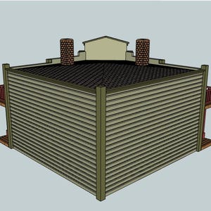 Pode incluir: Modelo arquitet&ocirc;nico tridimensional de um edif&iacute;cio com telhado plano. O exterior apresenta revestimento horizontal em bege claro, com postes de canto verde escuro. Duas chamin&eacute;s de tijolo e um pequeno front&atilde;o s&atilde;o vis&iacute;veis no telhado. Pequenas varandas nas laterais.