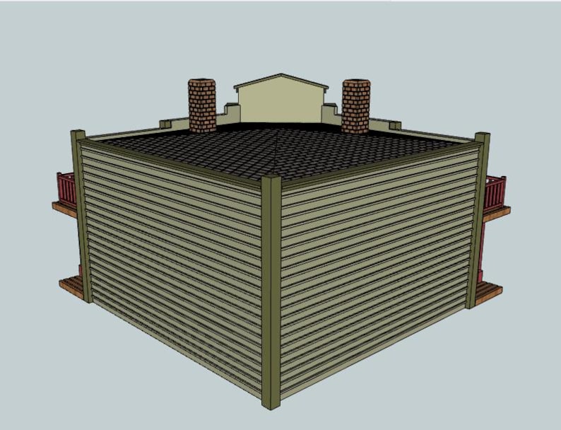 Pode incluir: Modelo arquitet&ocirc;nico tridimensional de um edif&iacute;cio com telhado plano. O exterior apresenta revestimento horizontal em bege claro, com postes de canto verde escuro. Duas chamin&eacute;s de tijolo e um pequeno front&atilde;o s&atilde;o vis&iacute;veis no telhado. Pequenas varandas nas laterais.