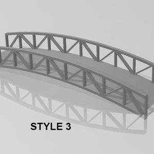 May include: A gray metal bridge with a truss design. The bridge has a curved arch and a flat deck. The bridge is made of metal bars that are connected together to form a strong structure. The bridge is a simple design that is perfect for adding a touch of realism to any model railroad layout.