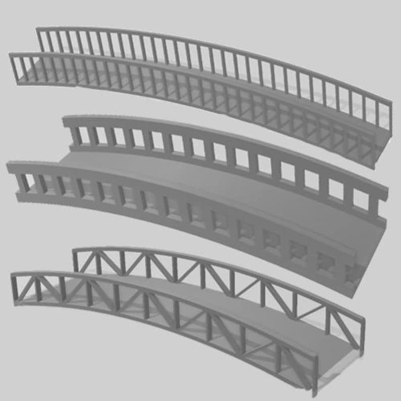 May include: Three different styles of gray metal bridges. The bridges are arched and have different designs for the railings.