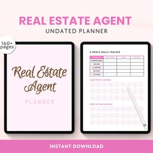 May include: A digital planner for real estate agents with a pink and leopard print design. The planner includes a 6-month goals tracker with sections for commissions, volume, closings, buyers, and listings. There are also sections for apartment closings and home buying closings.