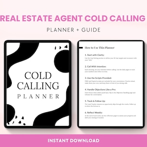以下が含まれることがあります： 不動産業者向けのデジタルプランナーとガイドで、「Real Estate Agent Cold Calling Planner + Guide」と題されています。表紙は白黒の抽象的なデザインです。ガイドには、プランナーの使用方法に関する手順が含まれています。