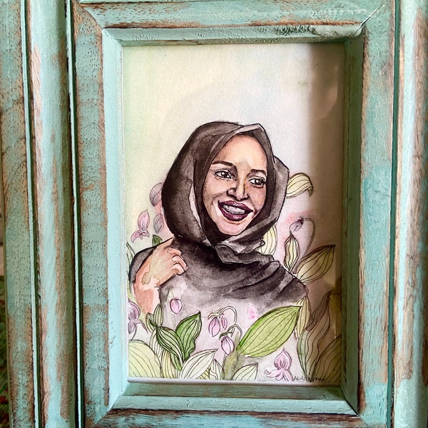 Framed Original Watercolor Portrait of Ilhan Omar
