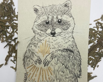 The Raccoon with the Golden Paws Print | gold embossed art print | limited edition