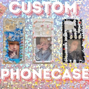 May include: Four custom phone cases with different designs. Each case features a clear window with a photo inside. The cases are decorated with various embellishments, including glitter, rhinestones, and charms. The text "CUSTOM PHONECASE" is written in white letters on a pink background.