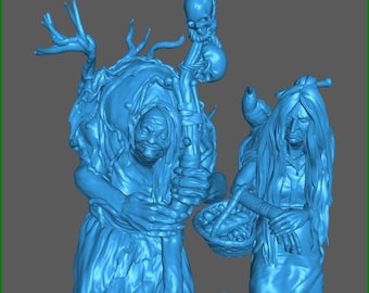 May include: Two blue 3D printed figurines of women with long hair and flowing robes. The woman on the left is holding a staff with a skull at the top. The woman on the right is holding a basket of fruit.