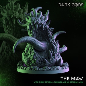 May include: A 3D printed miniature of a monstrous, green and purple creature with a gaping maw, sharp teeth, and a long, curled tongue. The creature is standing on a rocky base and is labelled "The Maw" with the text "With three optional tongues and an optional arm".