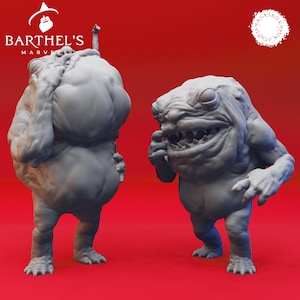 May include: Two gray, 3D printed, fantasy creature figurines. One is a large, round, humanoid creature with a large belly and small legs. The other is a smaller, more grotesque creature with a large head and sharp teeth. Both are posed in a standing position.