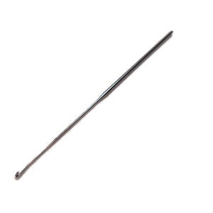 May include: A silver crochet hook with a pointed end and a small hook at the other end.