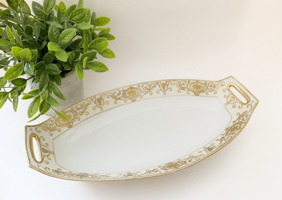 White Noritake oval serving dish with gold pattern Etsy
