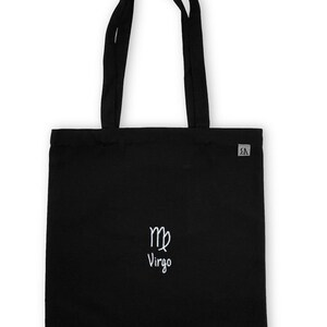 Embroidered Virgo Zodiac / Astrology Cotton Tote Bag Black