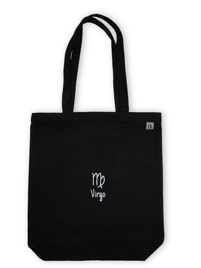 Embroidered Virgo Zodiac / Astrology Cotton Tote Bag Black