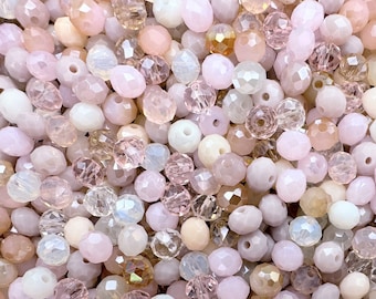 150 pcs. Crystal beads MIX * Ø 6 x 4 mm * cut glass beads * faceted * colorful craft mix * white * transparent * pink * (0.039 EUR/piece)