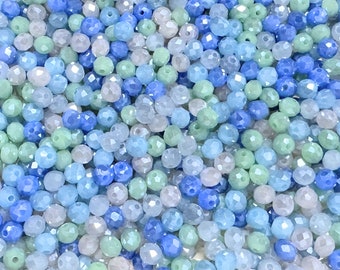 150 St. Kristallperlen MIX * Ø 6x4 mm * Glasschliffperlen * facettiert * bunter Bastelmix * blau * grün * flieder * grau * (0,039 EUR/Stück)