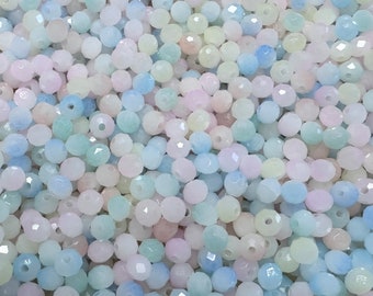 150 St. Kristallperlen MIX * Ø 6x4 mm * Glasschliffperlen * facettiert * Frühlingsmix * blau-cyan-gelb-rosa-pflaume * (0,039 EUR/Stück)