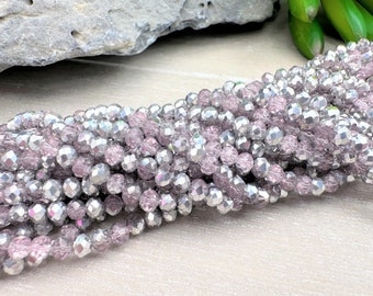 200 St. (0,029 EUR/St.) * Kristallperlen * 4x3mm * Glasschliffperlen * Rondelle * facettiert * halb rosa silber