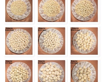 May include: Nine images of wooden beads in varying sizes, displayed on decorative plates. The sizes range from 5-6 mm to 20-22 mm in diameter. Each plate is filled with a different quantity of beads, showcasing the size variations.