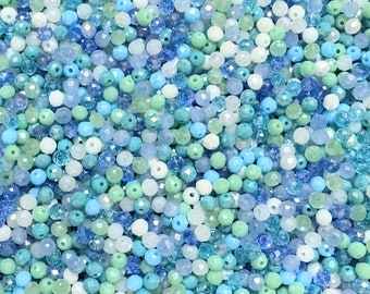 200 St. Kristallperlen MIX * Ø 4x3 mm * Glasschliffperlen * facettiert * bunter Bastelmix DIY * weiß * blau * grün * (0,029 EUR/St.)