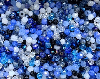 150 St. Kristallperlen MIX * Ø 6x4 mm * Glasschliffperlen * facettiert * bunter Bastelmix DIY * blau * transparent * weiß * (0,039 EUR/St.)