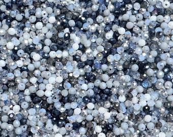 200 St. Kristallperlen MIX * Ø 4x3 mm * Glasschliffperlen * facettiert * bunter Bastelmix DIY * grau-weiß-blau-schwarz * (0,029 EUR/St.)