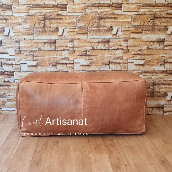 Rectangular leather pouf - square Ottoman Pouffe - Moroccan leather pouf  - Ottoman rectangular pouf-handmade footstool - Leather pouf