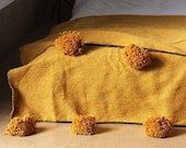 Mustard Moroccan pom pom throw blanket,bohemian decor bedcover, blanket sofa, pom pom blanket, Throw Blanket With Tassels
