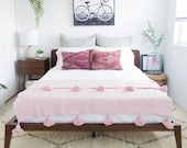 Pink Moroccan pom pom throw blanket,bohemian decor bedcover, blanket sofa, pom pom blanket, Throw Blanket With Tassels