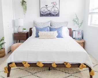 White/Mustard Moroccan pom pom throw blanket,bohemian decor bedcover, blanket sofa, pom pom blanket, Throw Blanket With Tassels