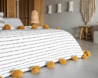 White/Mustard Moroccan pom pom throw blanket,bohemian decor bedcover, blanket sofa, pom pom blanket, Throw Blanket With Tassels
