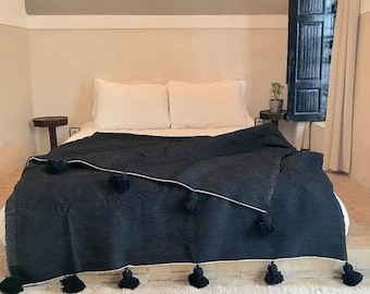 Beautiful Moroccan Pompom Blanket - Pom Poms - Boho Blanket- Cotton Bed Cover Black moroccan Pompom throw blanket- Moroccan Pompom Blanket