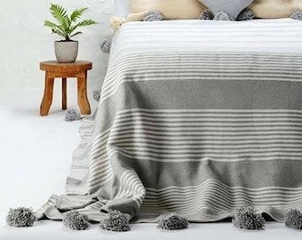 Gray/White Moroccan pom pom throw blanket,bohemian decor bedcover, blanket sofa, pom pom blanket, Throw Blanket With Tassels