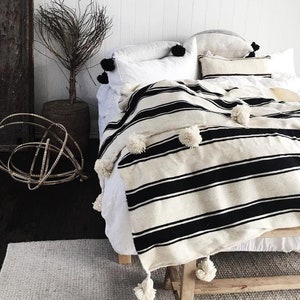 Ivory Moroccan pom pom throw blanket,bohemian decor bedcover, blanket sofa, pom pom blanket, Throw Blanket With Tassels