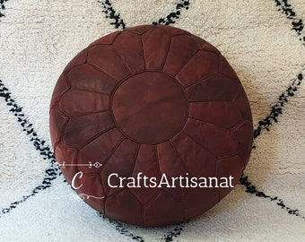 Tan Brown leather pouf with, Moroccan Pouf Ottoman floor Leather Luxury poufs Moroccan home decor Boho Decor,