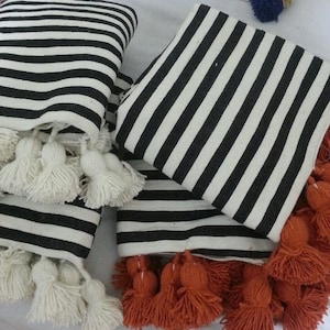 Free Shipping, Cotton Moroccan Blanket,bedroom blanket,moroccan pompom blanket,moroccan throw blanket, woven blanket, bed throw with tassel