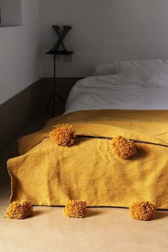 Mustard Moroccan Pom Pom Throw Blanket bohemian Decor Bedcover Blanket Sofa Pom Pom Blanket Throw Blanket With Tassels Etsy