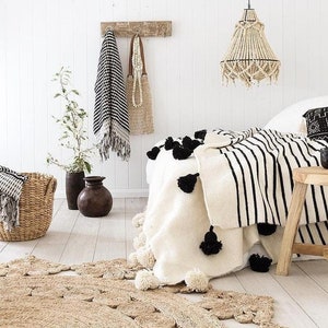Moroccan pom pom throw blanket,bohemian decor bedcover, blanket sofa, pom pom blanket, Throw Blanket With Tassels