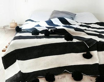 Beautiful Moroccan Pompom Blanket,Pom Poms,Boho Blanket,Cotton Bed Cover with Black stripes, moroccan Pompom throw blanket, Pompom Blanket