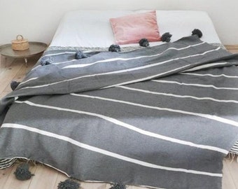 Gray/White Moroccan pom pom throw blanket,bohemian decor bedcover, blanket sofa, pom pom blanket, Throw Blanket With Tassels