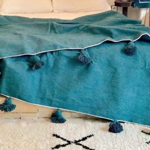 Turquoise Pompom Blanket,Boho Blanket,Berber Blanket,Handwoven Blanket,moroccan throw blanket,bed spread,woven blanket,bed throw with tassel image 2
