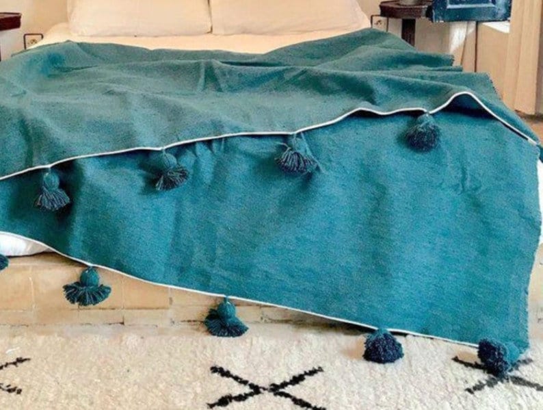 Turquoise Pompom Blanket,Boho Blanket,Berber Blanket,Handwoven Blanket,moroccan throw blanket,bed spread,woven blanket,bed throw with tassel image 2