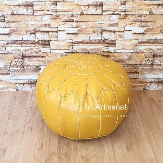 Mustard leather pouf Moroccan Pouf Ottoman floor Leather pouf Moroccan home decor Boho Decor Handcrafted Leather Pouf Stylish Ottoman