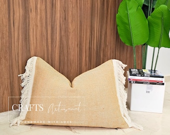 Pair of 2 throw pillow cover with fringe, Handwoven Cotton Cushion Covers with Fringe, Fringe Pillowcase, Handmade Cotton Fringe Cushion