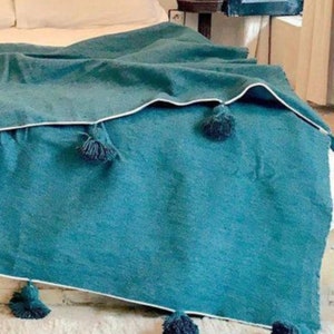 Turquoise Pompom Blanket,Boho Blanket,Berber Blanket,Handwoven Blanket,moroccan throw blanket,bed spread,woven blanket,bed throw with tassel image 3