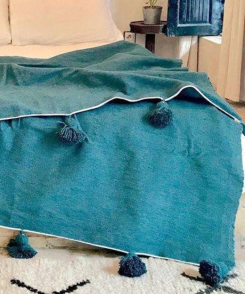 Turquoise Pompom Blanket,Boho Blanket,Berber Blanket,Handwoven Blanket,moroccan throw blanket,bed spread,woven blanket,bed throw with tassel image 3