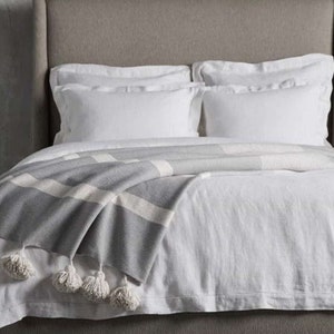 BED THROW BLANKET ,Moroccan Pompom Throw Blanket, Berber Blanket, Handwoven Blanket,bed spread, throw, woven blanket, bed throw with tassel