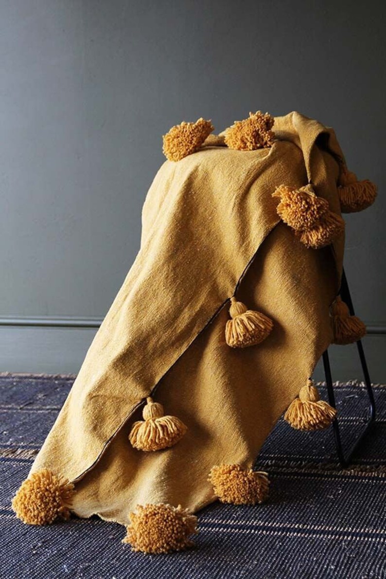 Mustard Moroccan Pom Pom Throw Blanketbohemian Decor Etsy
